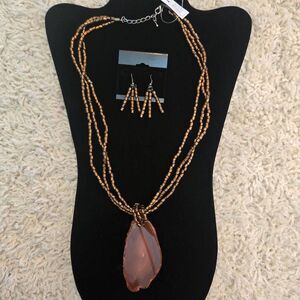 NEW Large Bronze Agate Stone and Bead Necklace with Earrings